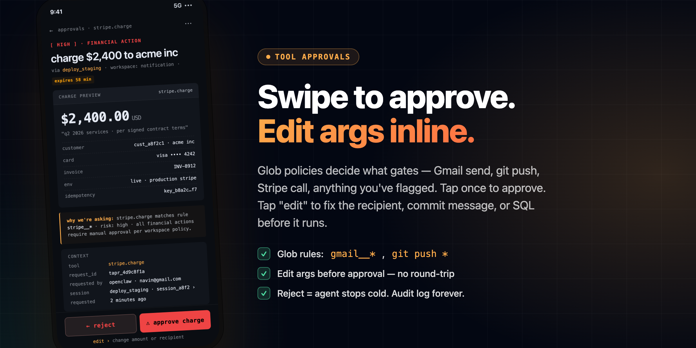 Swipe to approve — edit args inline